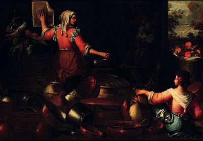 Interno di cucina con figure e pentole in rame, olio su tela