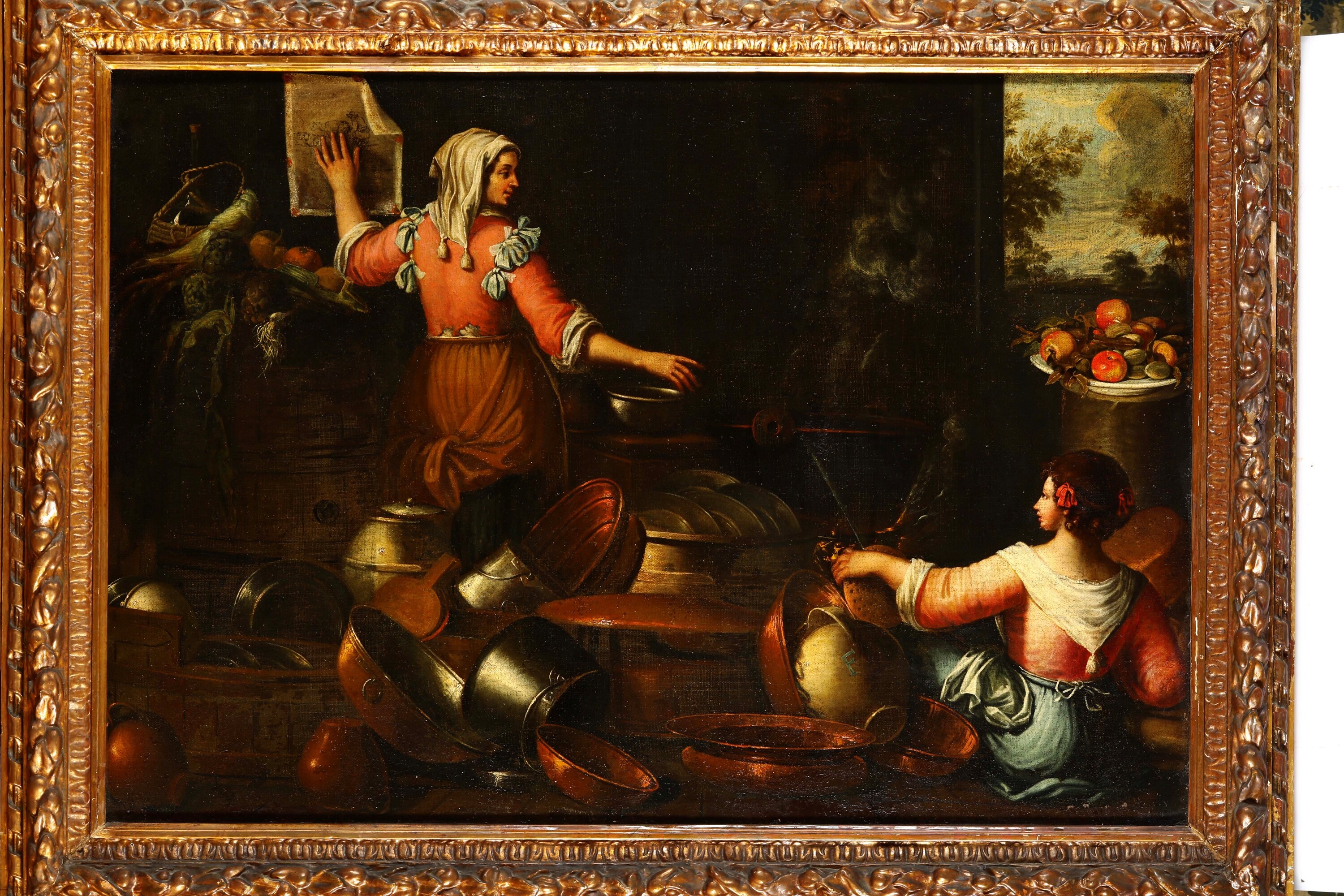 Gian Domenico Valentino - Interno di cucina con figure e pentole in rame, olio su tela