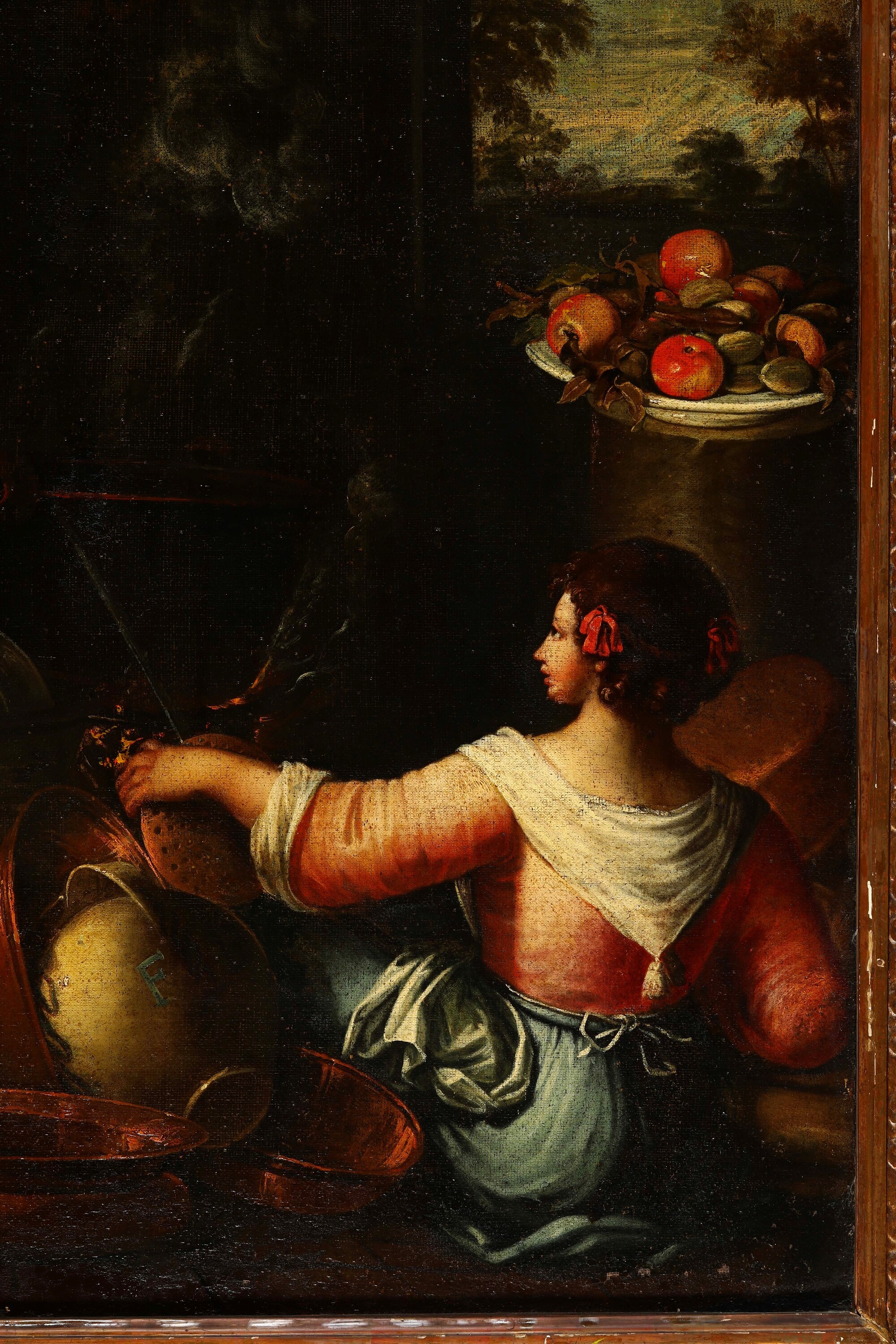 Gian Domenico Valentino - Interno di cucina con figure e pentole in rame, olio su tela