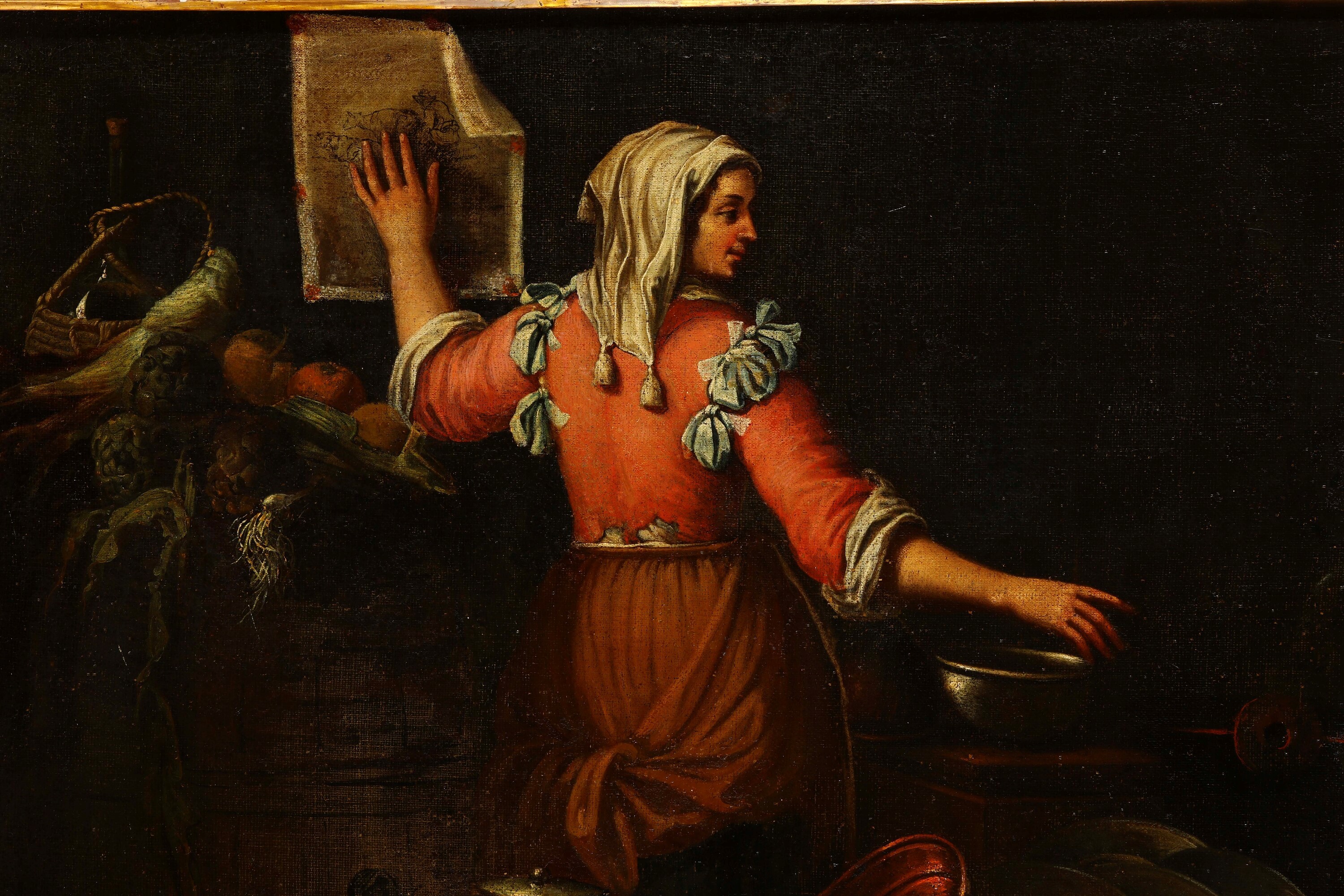 Gian Domenico Valentino - Interno di cucina con figure e pentole in rame, olio su tela