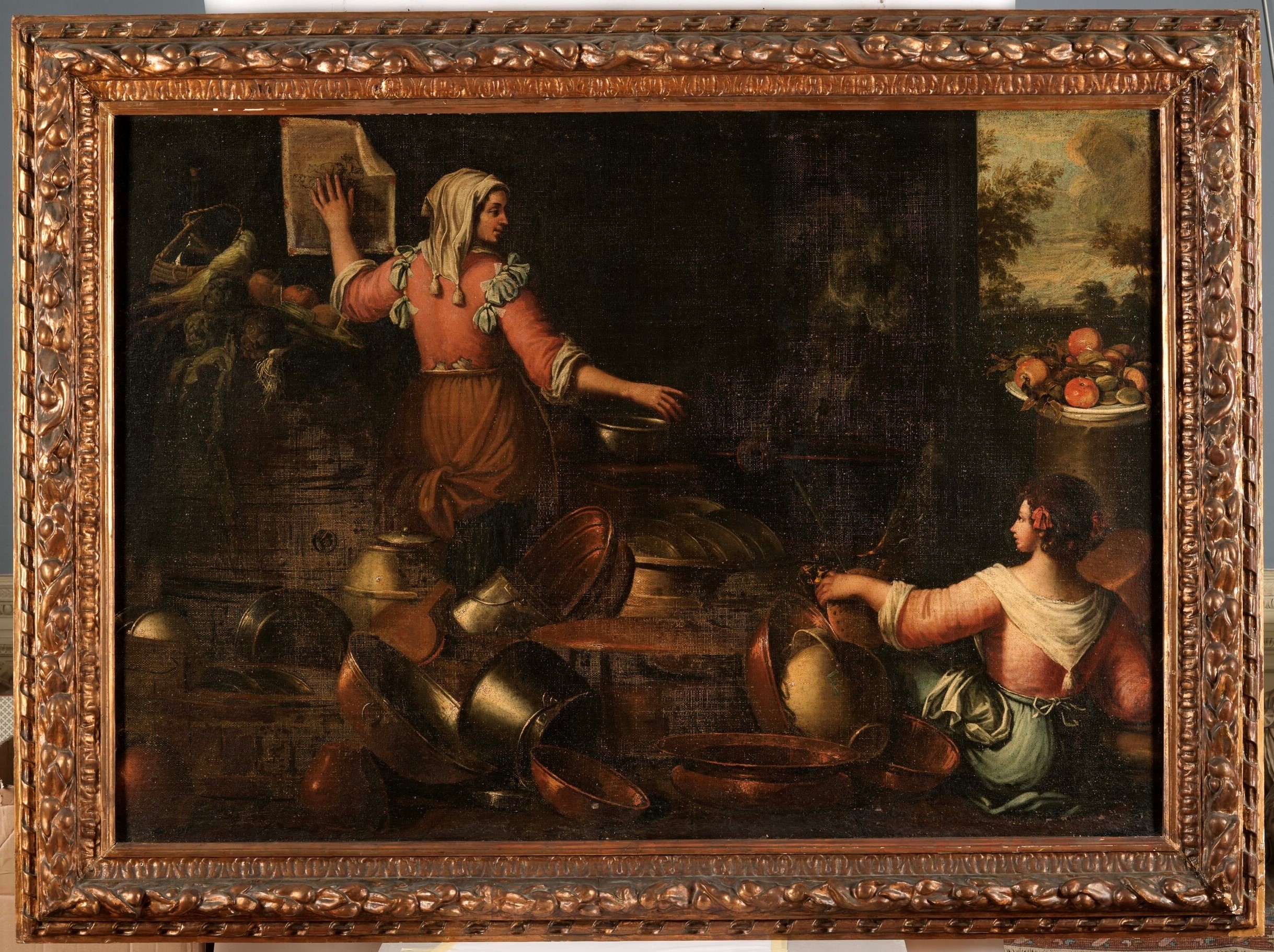 Gian Domenico Valentino - Interno di cucina con figure e pentole in rame, olio su tela