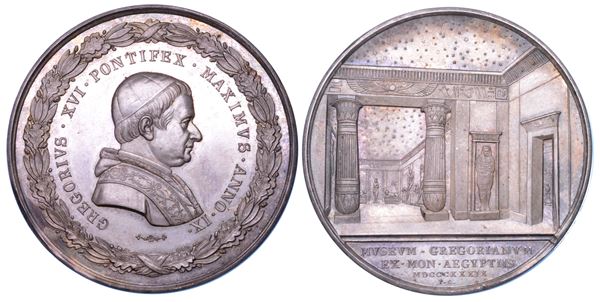 STATO PONTIFICIO. GREGORIO XVI (Bartolomeo Alberto Cappellari), 1831-1846. Medaglia in argento 1839/A. IX. Inaugurazione del Museo Gregoriano Egizio.
