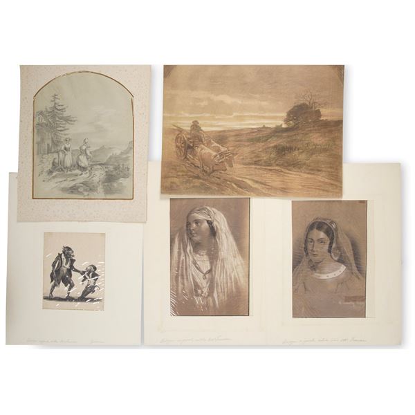 Insieme di disegni del XIX-XX secolo Due ritratti femminili, due paesaggi con figure, una scena umoristica