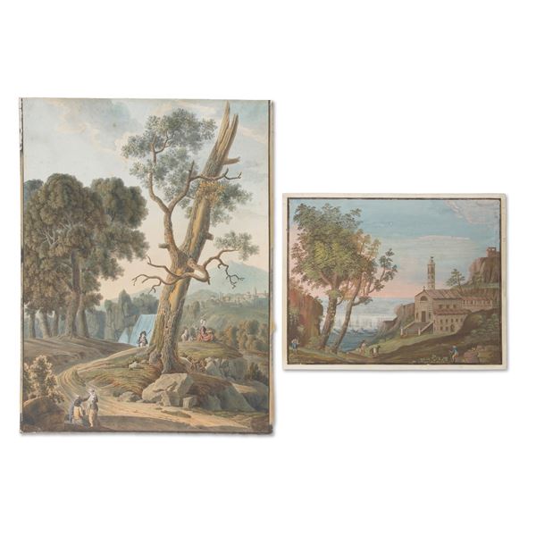 Scuola del XIX secolo Due paesaggi con figure