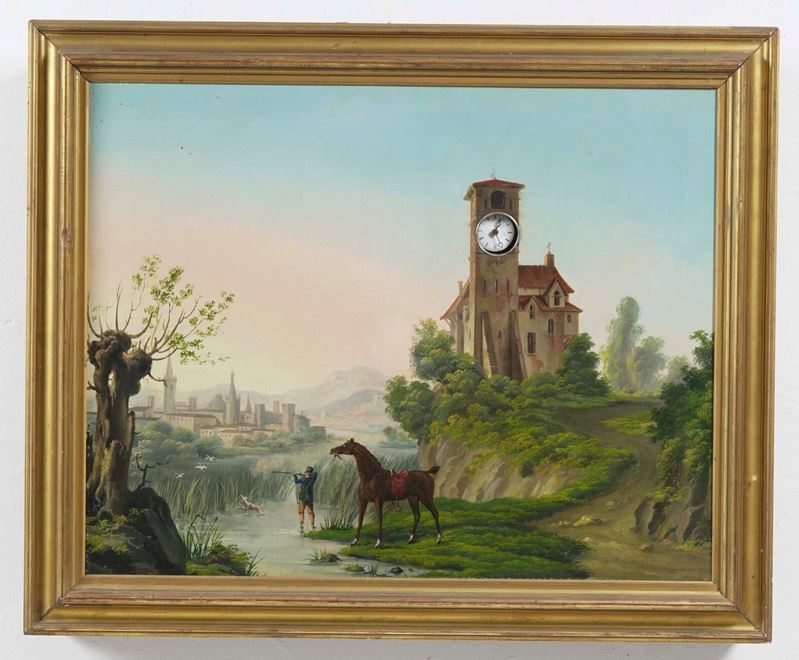 Orologio a quadro con cacciatore entro paesaggio. XIX secolo  - Asta Dimore Italiane TIME - Cambi Casa d'Aste