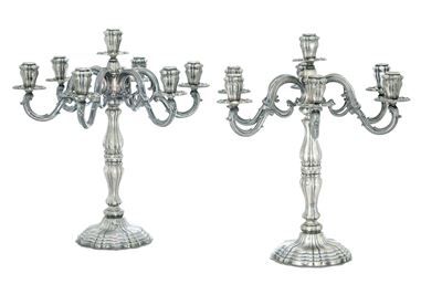 Coppia di Candelabri a Sette Fiamme. Argenteria Italiana della Prima Metà del XX Secolo, Argentie...