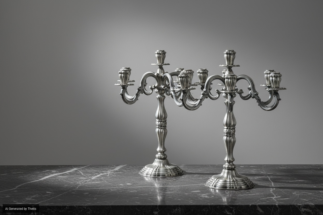 Coppia di Candelabri a Sette Fiamme. Argenteria Italiana della Prima Metà del XX Secolo, Argentie...