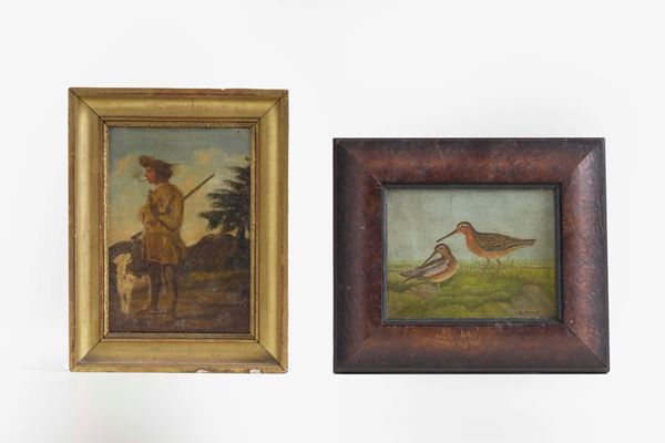 Due dipinti ad olio su tela. XIX-XX secolo Cacciatore con cane Beccacce