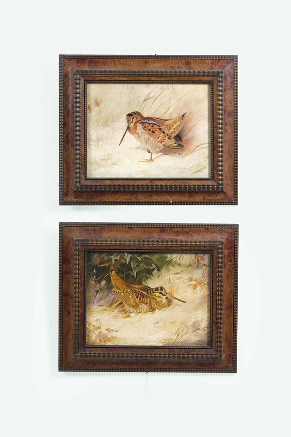 Due dipinti su tela con beccacce. XX secolo