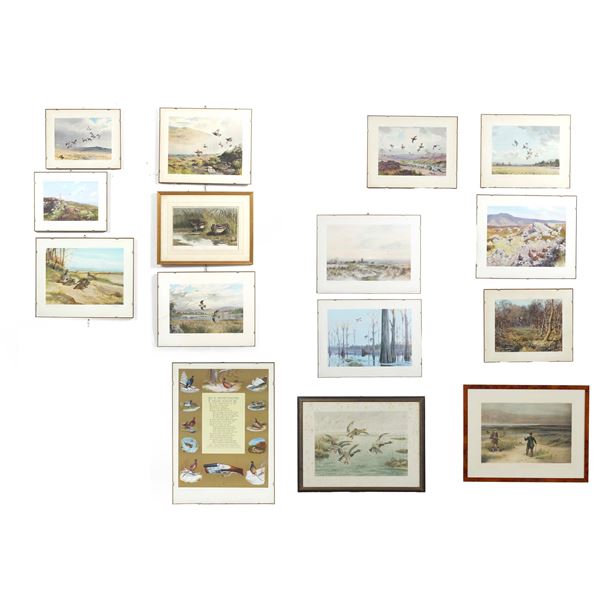 Lotto di 15 stampe con scene di caccia e cacciagione