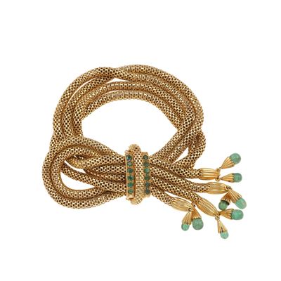 Bracciale a maglia tubolare in oro giallo con smeraldi