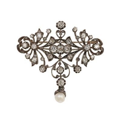 Spilla con Perla Pendente e Diamanti di Vecchio Taglio