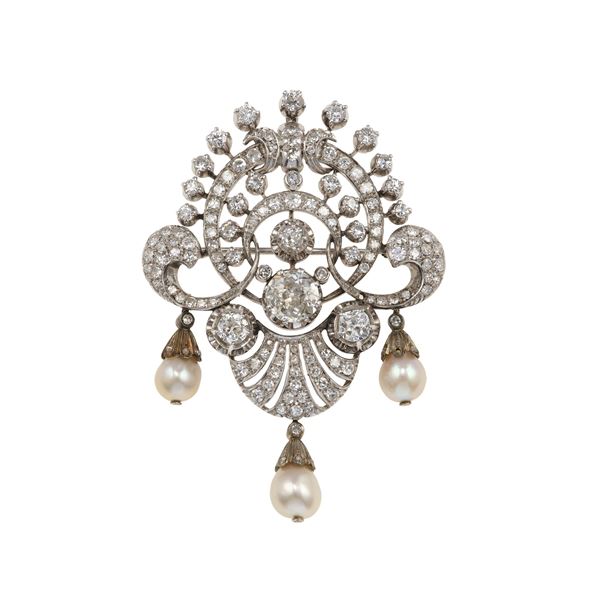 Old-cut diamond, pearl and platinum pendent/prooch