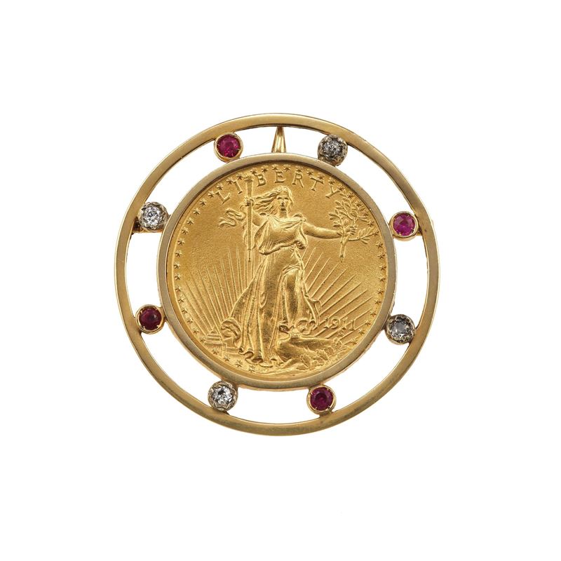 Diamond, ruby and gold pendent/brooch  - Auction Fine Jewellery - Cambi Casa d'Aste