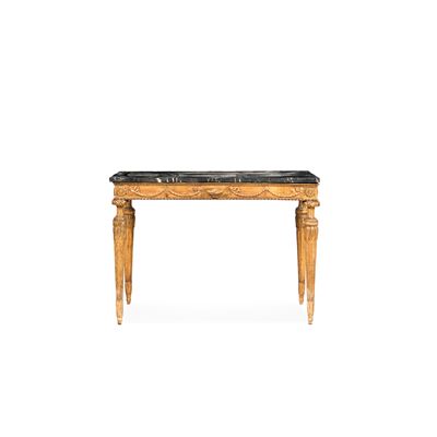 Console Luigi XVI in stile neoclassico, legno intagliato e dorato con piano in marmo