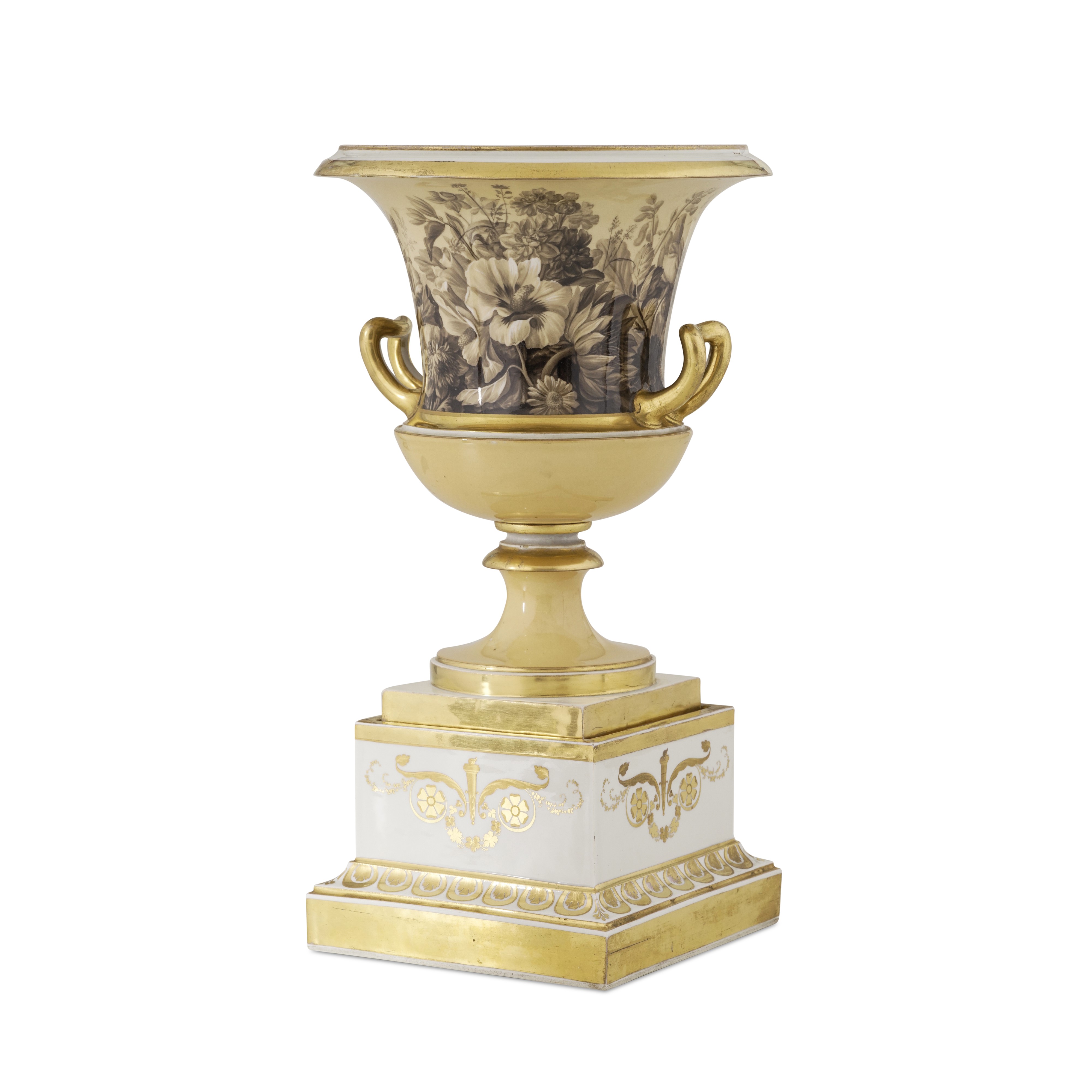 Vienna (attrib.), Vaso su piedistallo in porcellana a forma di cratere, dipinto a grisaille, vers...