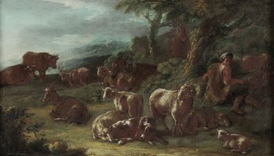Paesaggio con pastore e armenti, olio su tela