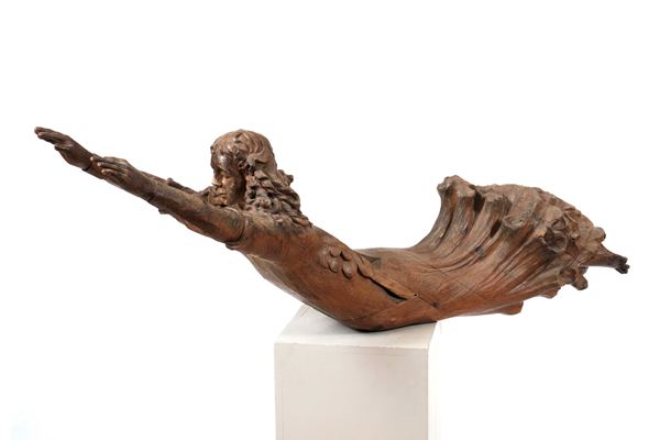 Polena in legno intagliato e dipinto in policromia raffigurante personaggio femminile, XVIII-XIX secolo