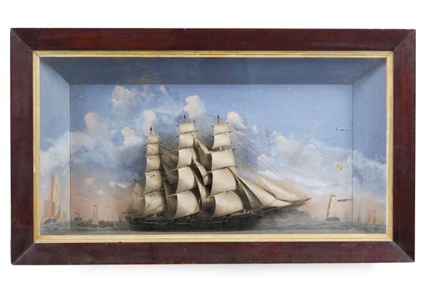 Diorama raffigurante veliero in teca di legno e vetro. XX secolo