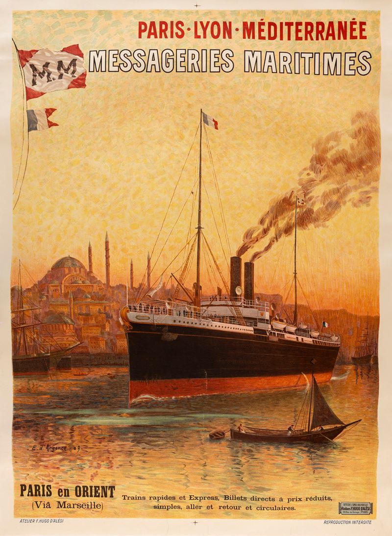 E.d’Argence : Messageries Maritimes - Paris - Lyon - Méditerranée  - Auction Vintage Posters and Collectibles - Cambi Casa d'Aste