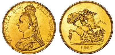 Regno Unito, Vittoria, 5 Pounds, 1887, Oro