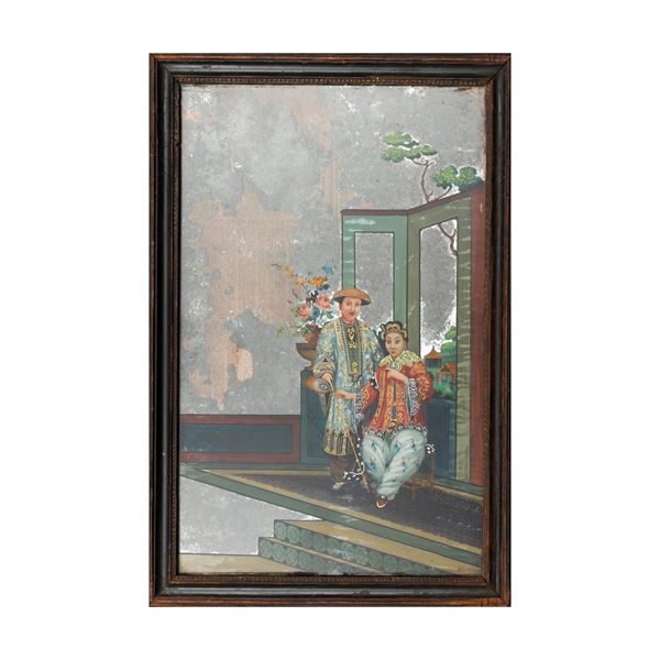 Coppia di xilografie e 2 specchi dipinti, Cina