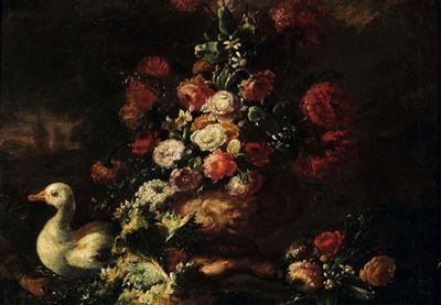 Paesaggio con trionfo di fiori e papere, olio su tela