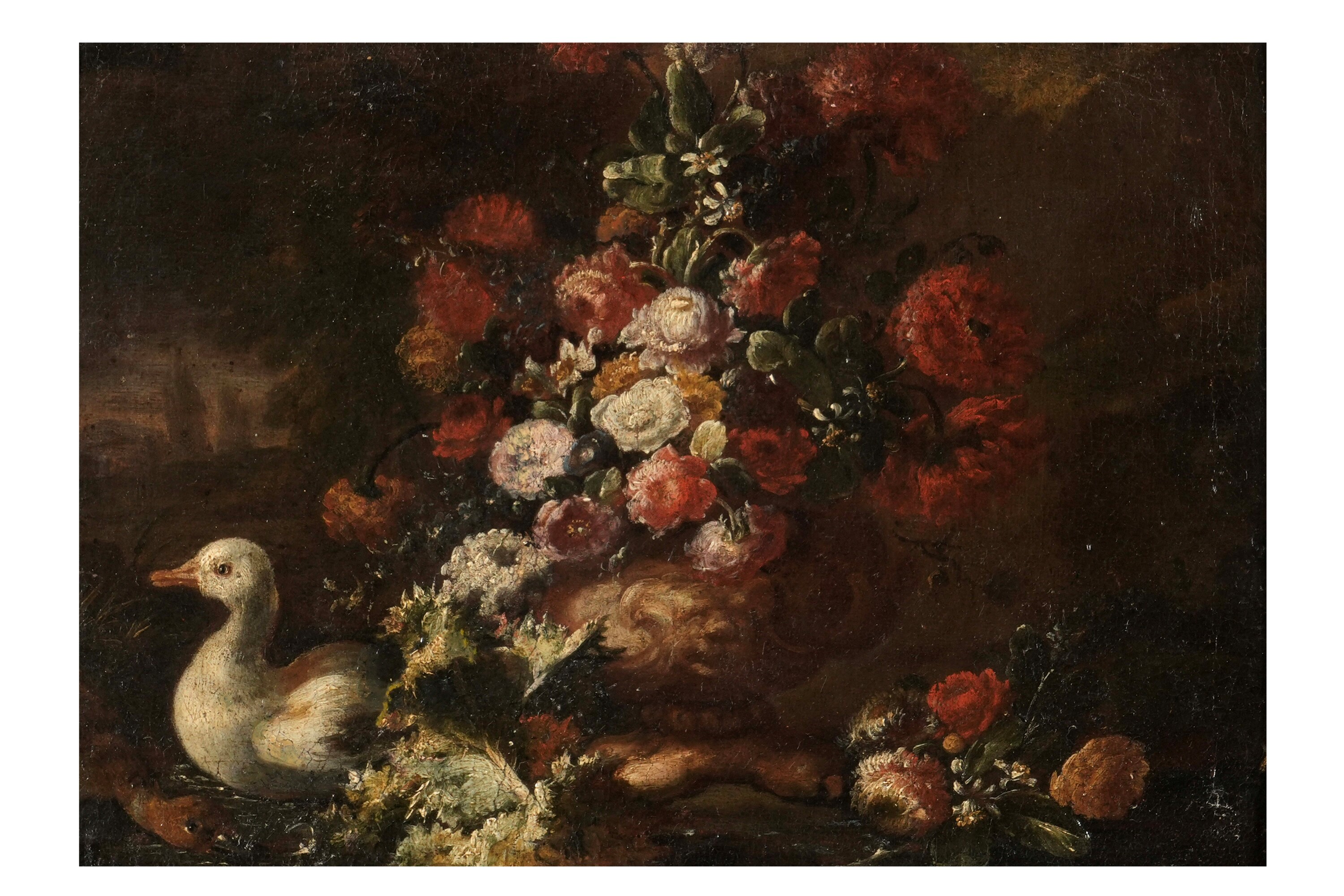Gaspare Lopez - Paesaggio con trionfo di fiori e papere, olio su tela