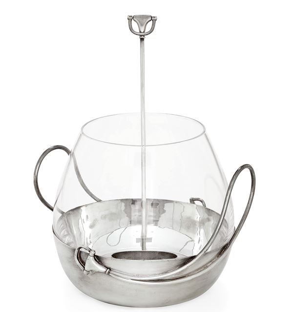 Secchiello da macedonia con mestolo in vetro e metallo argentato, Gucci, XX secolo