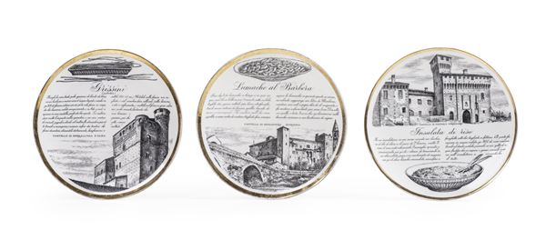 Tre piatti “Specialità Torinesi” Milano, Piero Fornasetti (1913-1988), 1970 circa 