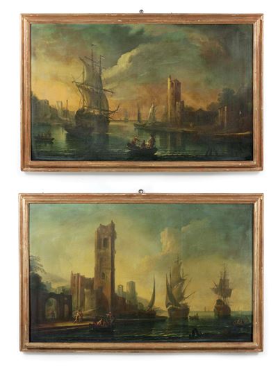 Vedute di porto con imbarcazioni e architetture, olio su tela