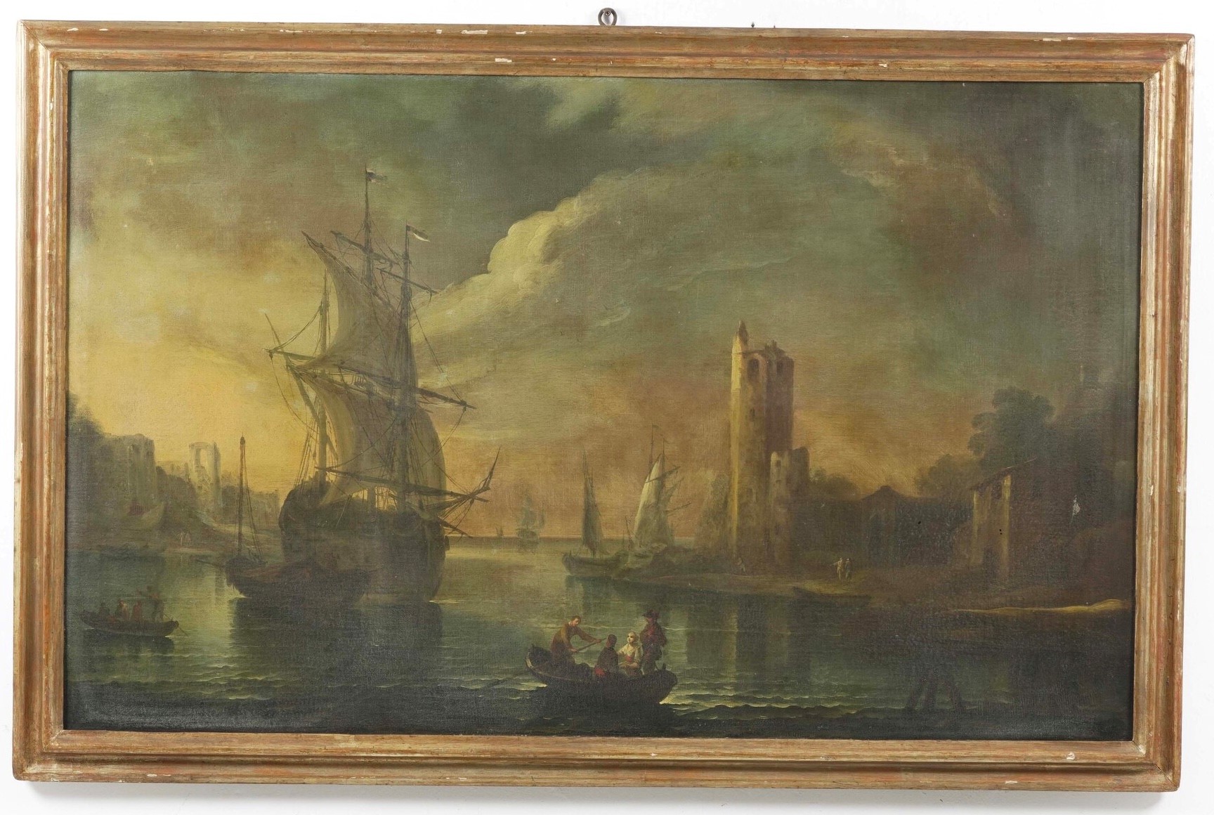 Paolo Maria Antoniani - Vedute di porto con imbarcazioni e architetture, olio su tela