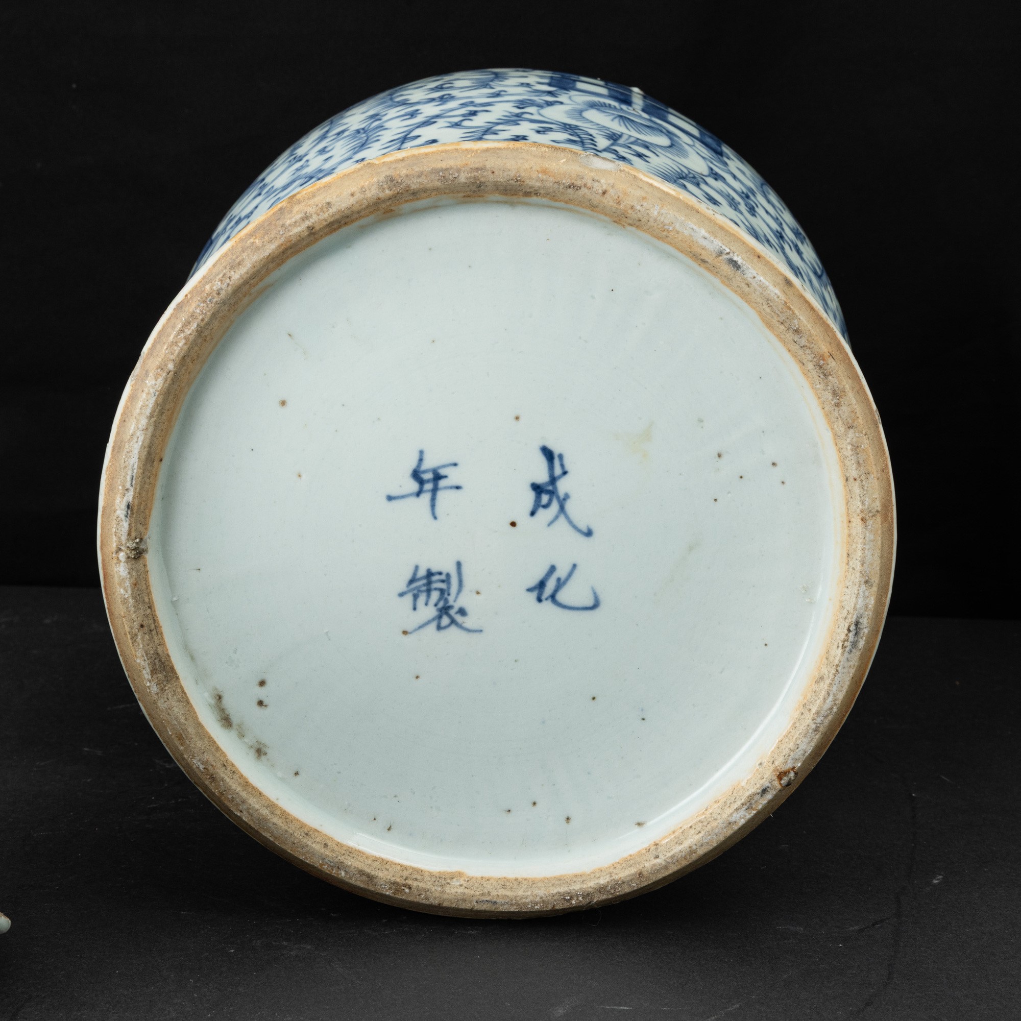 Cina, Potiche in porcellana bianca e blu con decorazioni vegetali e simbolo “Doppia felicità” (Di...