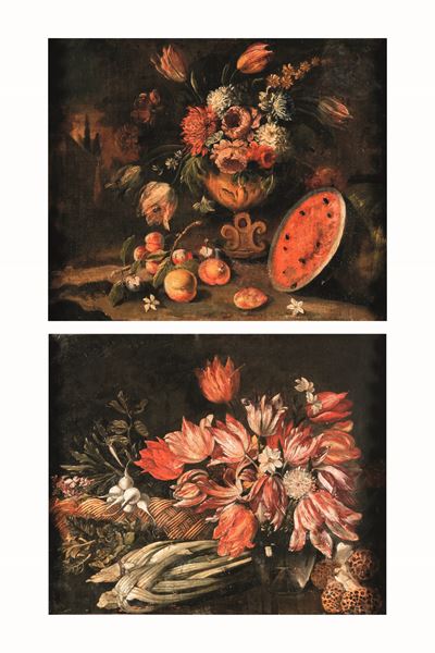 Scuola del XVII secolo, Nature morte con fiori e frutti, olio su tela