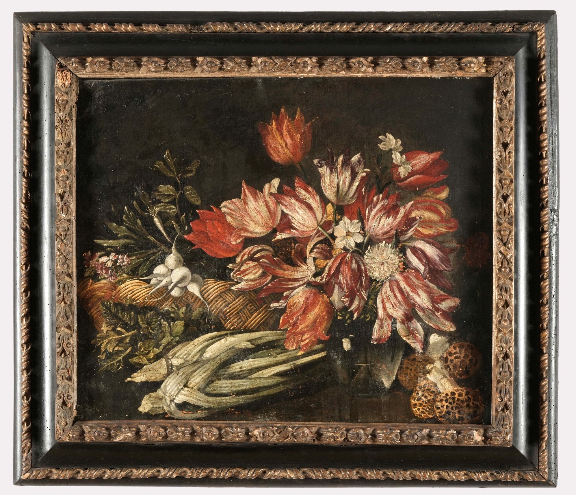 Scuola del XVII secolo, Nature morte con fiori e frutti, olio su tela