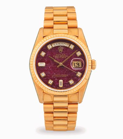 Orologio Day-Date ref. 18238, oro giallo 18k, quadrante in Rubellite con indici in diamante, circ...