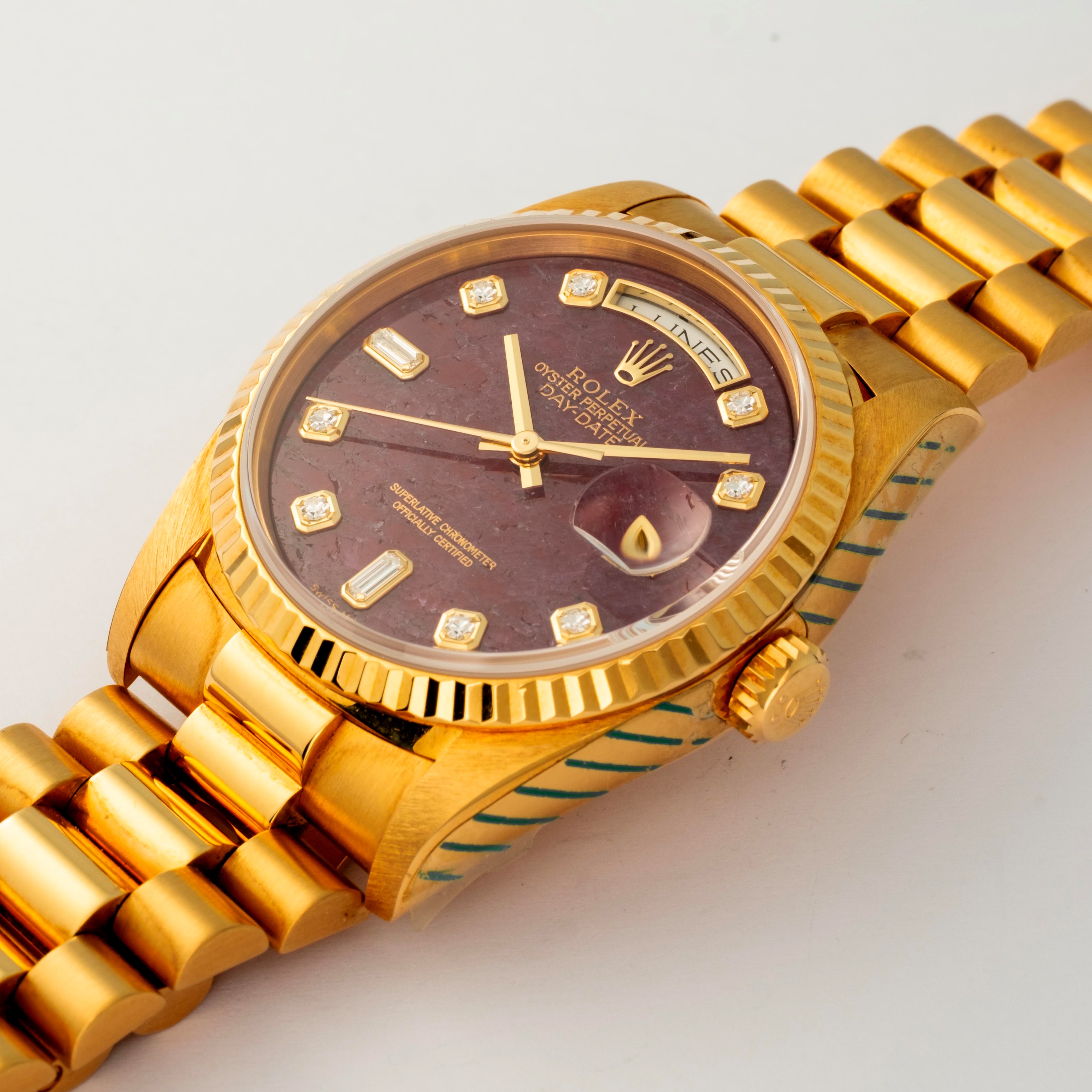 Rolex - Orologio Day-Date ref. 18238, oro giallo 18k, quadrante in Rubellite con indici in diaman...