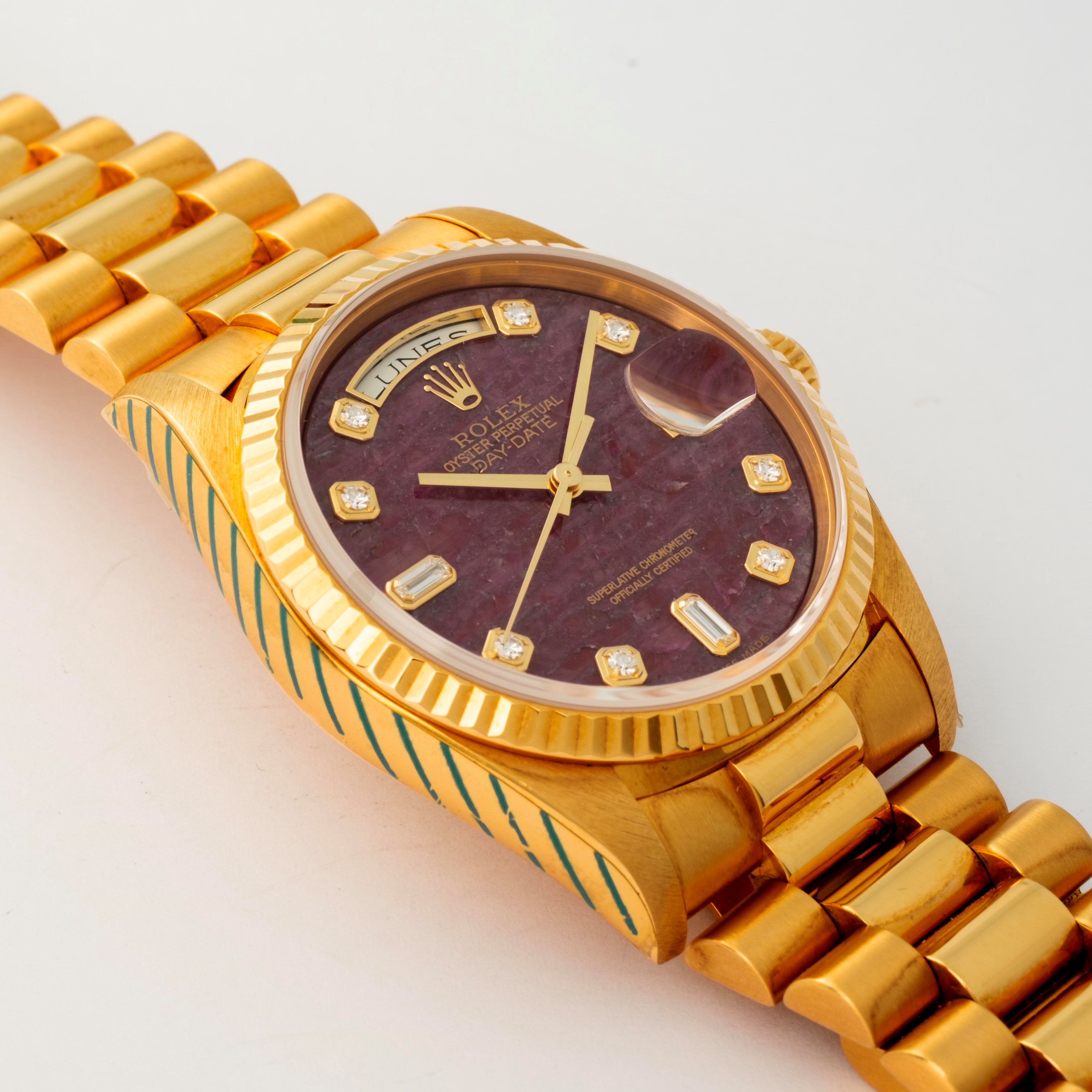 Rolex - Orologio Day-Date ref. 18238, oro giallo 18k, quadrante in Rubellite con indici in diaman...