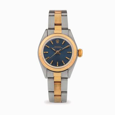 Oyster Perpetual Lady ref. 6719, acciaio e oro giallo, quadrante Blu Soleil, circa 1979
