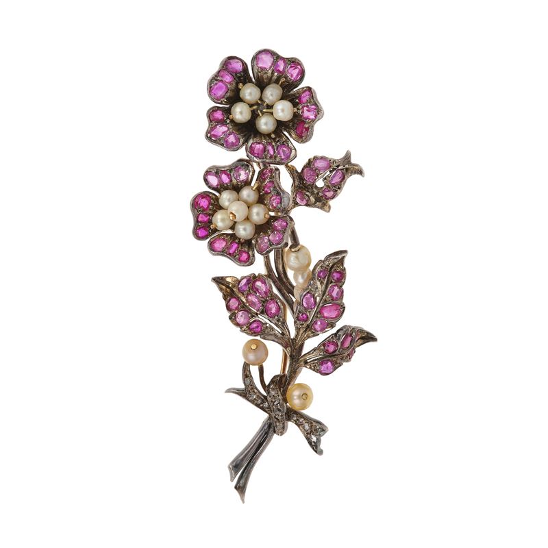 Ruby, pearl, rose-cut diamond silver and gold brooch  - Auction Fine Jewellery - Cambi Casa d'Aste