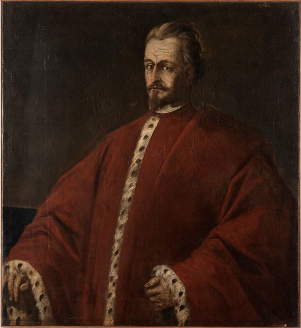 Scuola del XVII secolo Ritratto di gentiluomo con veste bordata di ermellino