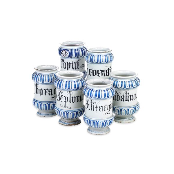 Sei albarelli. Italia settentrionale, XVIII secolo.