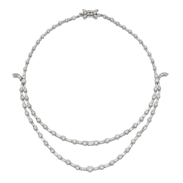 Girocollo con diamanti taglio brillante per ct 10.00 circa e diamanti taglio baguette, navette e tepper