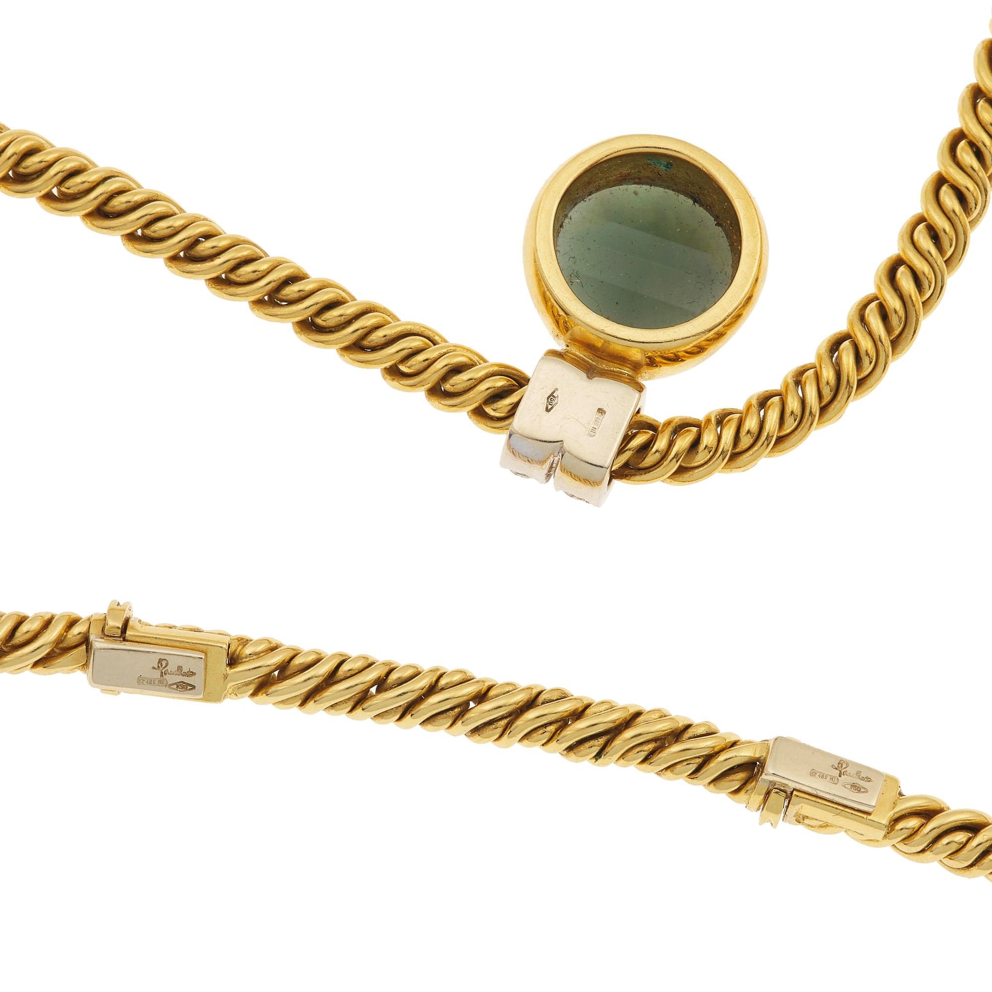 Pomellato, Girocollo in oro giallo e bianco con prasiolite sfaccettata e diamanti