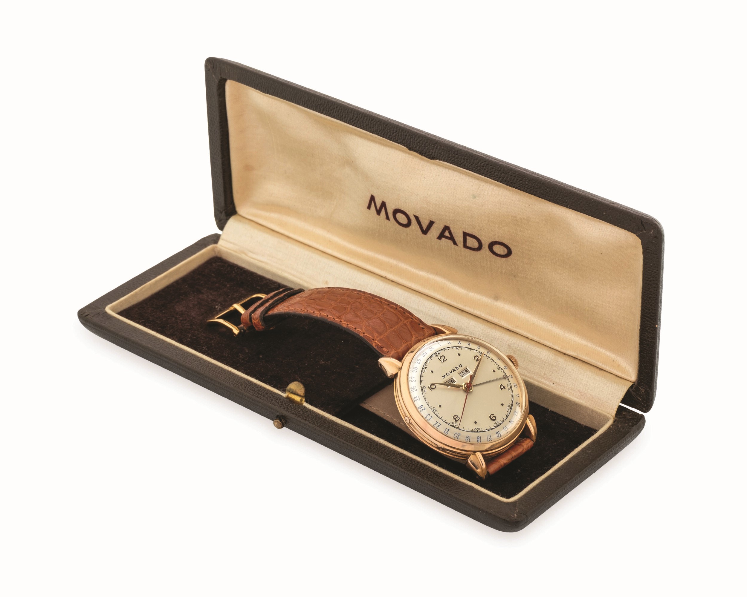 Movado - Calendomatic ref. 6203 in oro rosa 18k con quadrante argenté