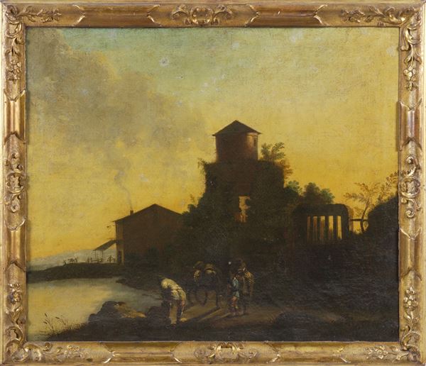 Scuola del XVII-XVIII secolo Paesaggio con mulino e contadini