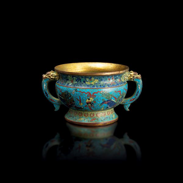 Incensiere a smalti policromi cloisonné con decori a motivi floreali e anse a guisa di draghi, Cina, Dinastia Qing, XX secolo