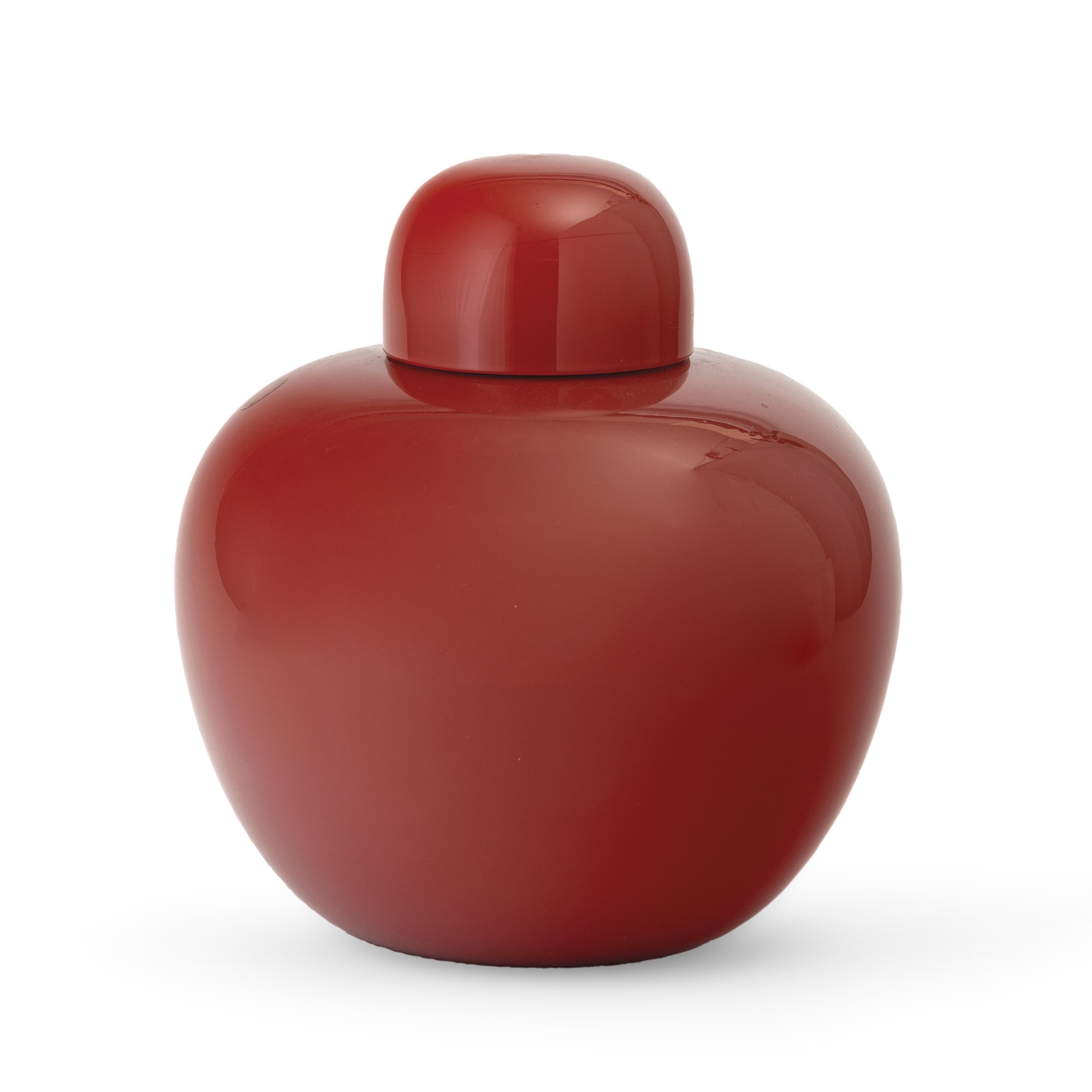 Venini, Vaso con coperchio, vetro opalino rosso (serie Cinesi), Murano 1987