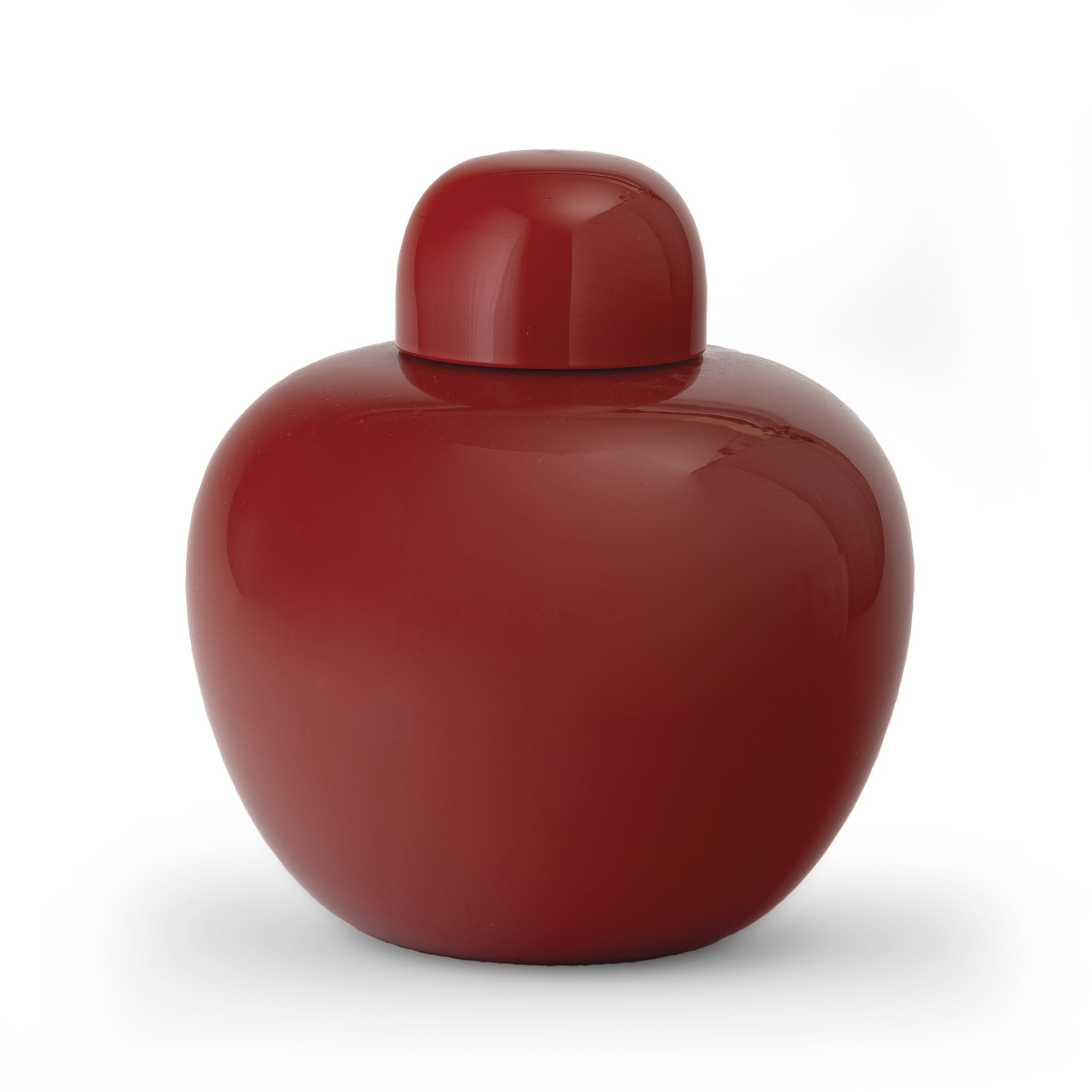 Venini, Vaso con coperchio, vetro opalino rosso (serie Cinesi), Murano 1987