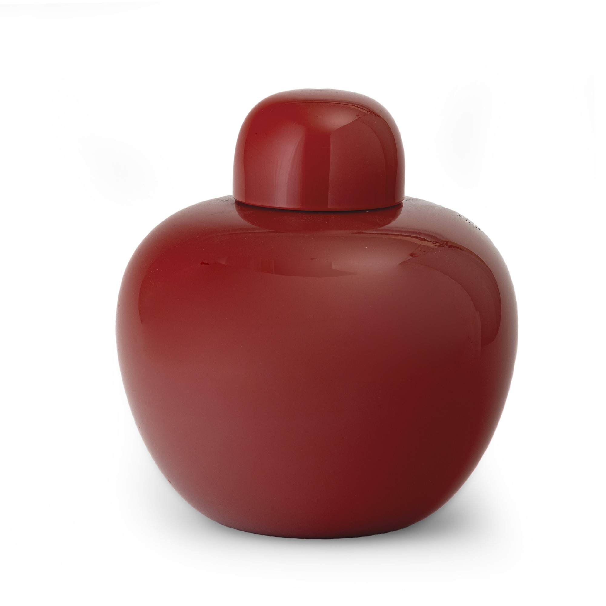 Venini, Vaso con coperchio, vetro opalino rosso (serie Cinesi), Murano 1987